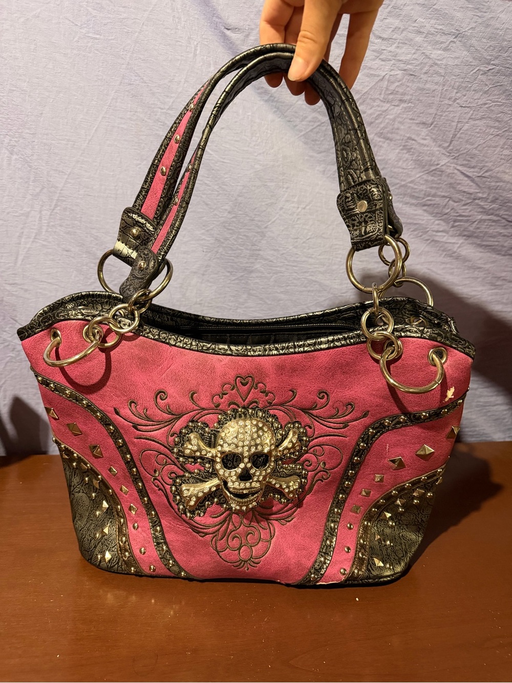 Studded Pink and Black Skull Accent concealed carry Tote Bag